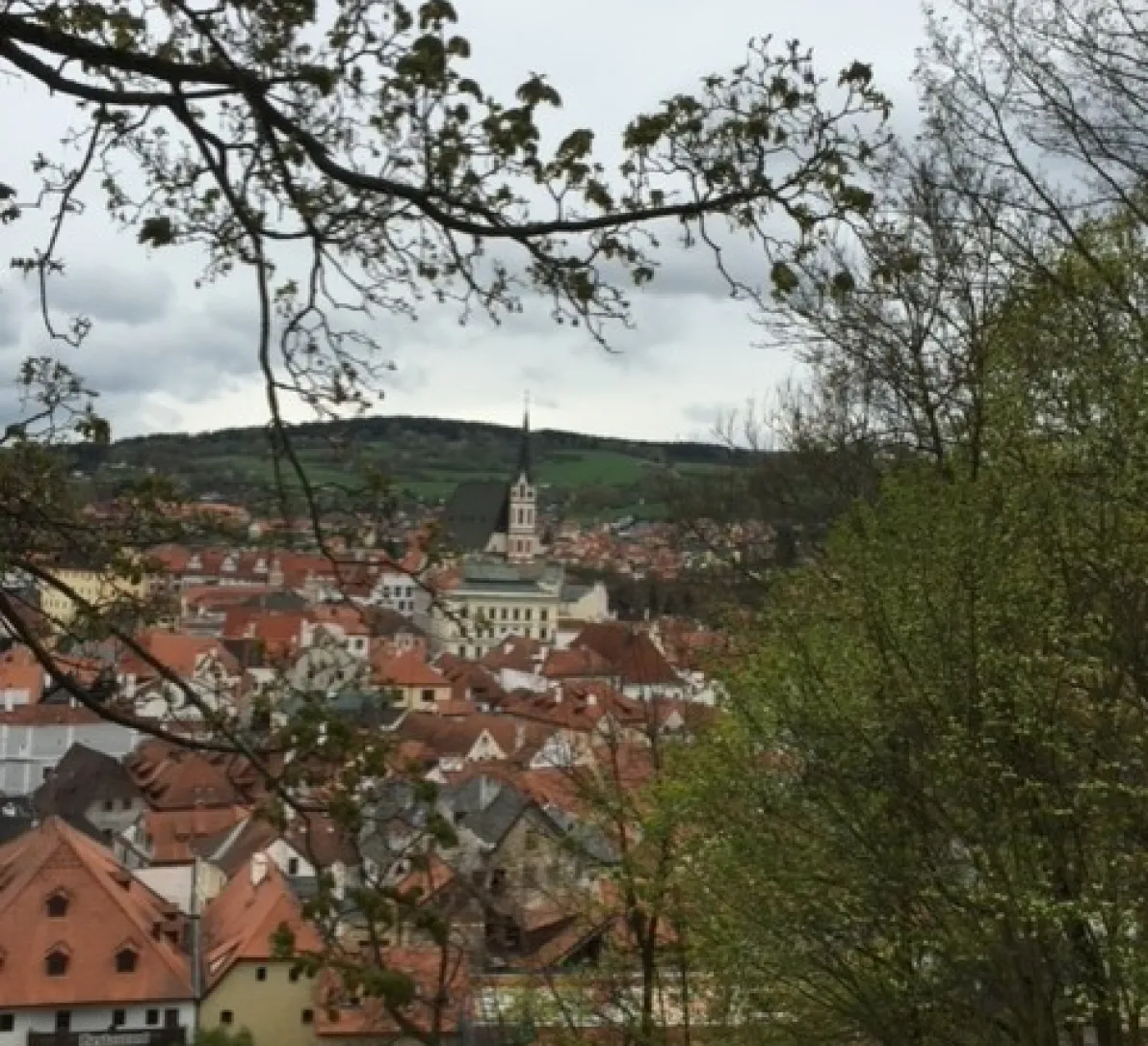 Esk Krumlov town, church steeple view.